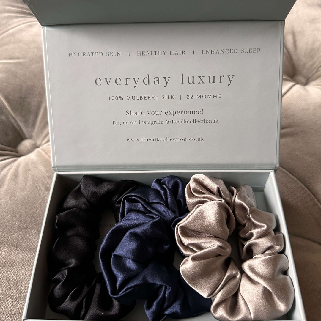 black dark blue and silver silk scrunchie set