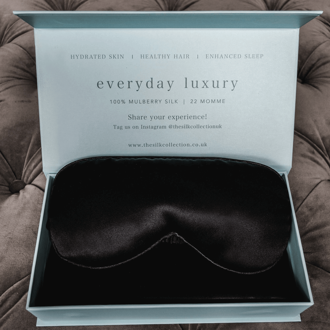 Black silk pillowcase and silk eye mask set