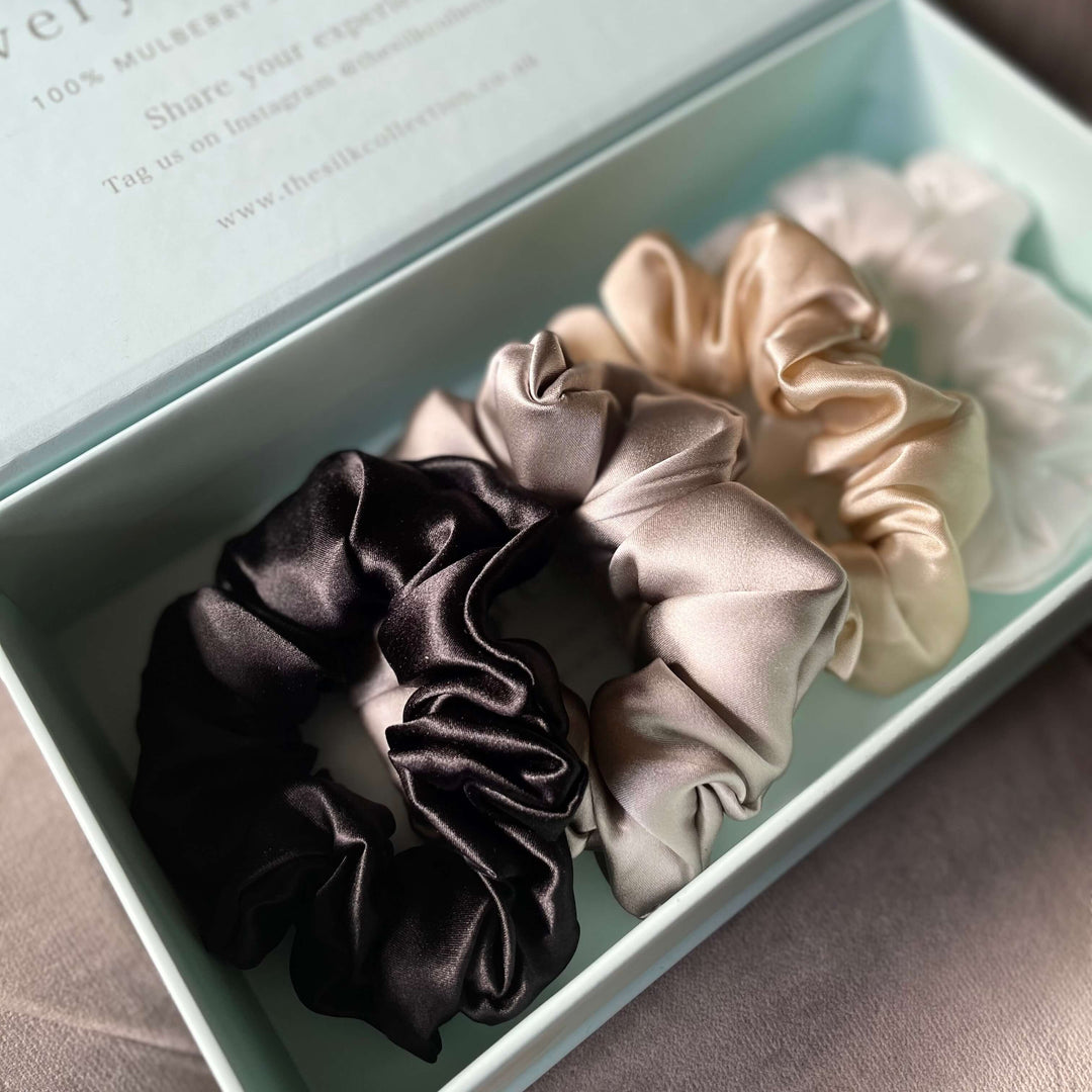 Neutral mulberry silk scrunchie gift box