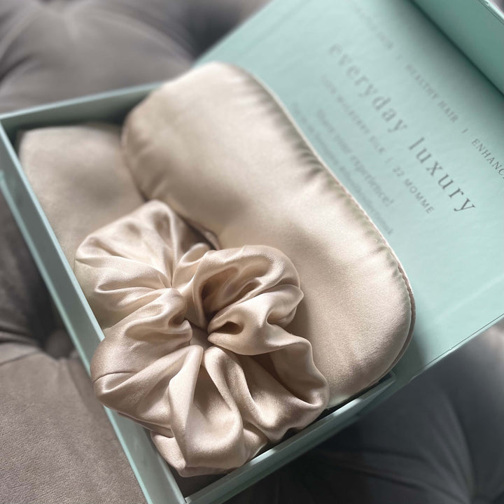 champagne silk pillowcase and silk scrunchie set