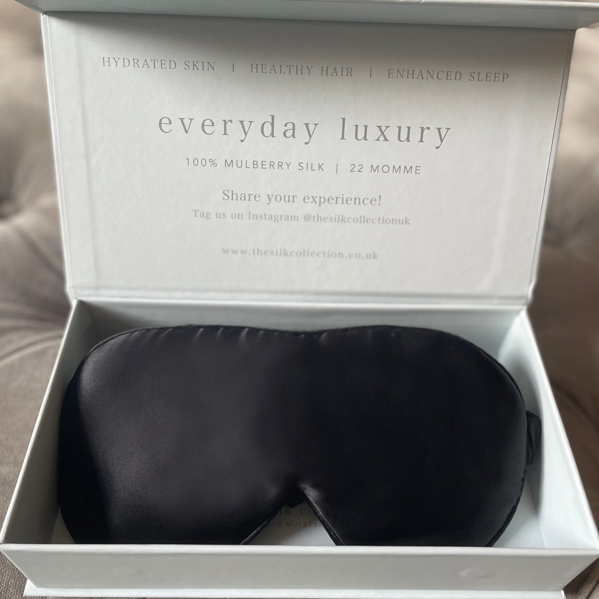 Eclipse black 100% mulberry silk eye mask in its gift box