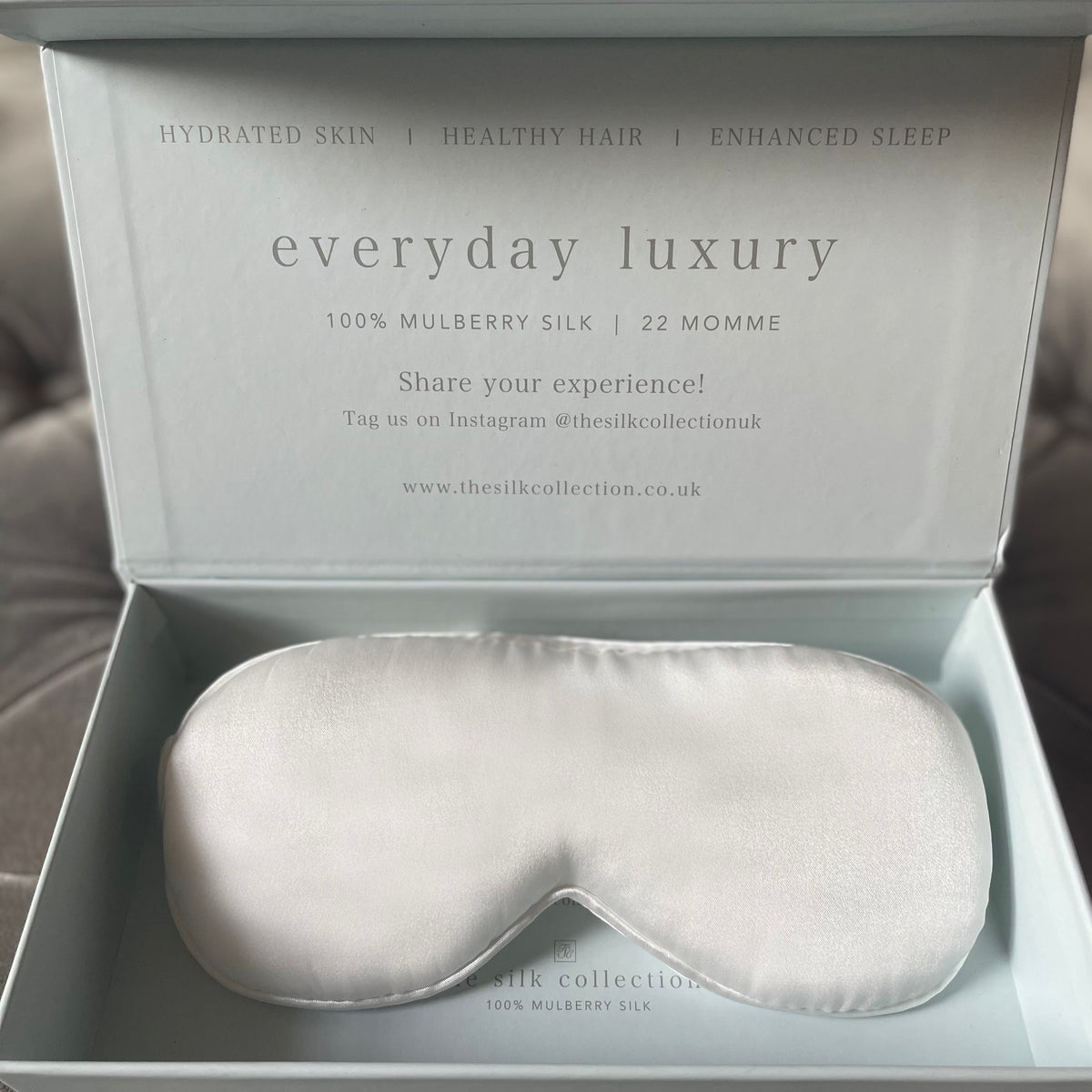 Pearl white 100% mulberry silk eye mask in its gift box