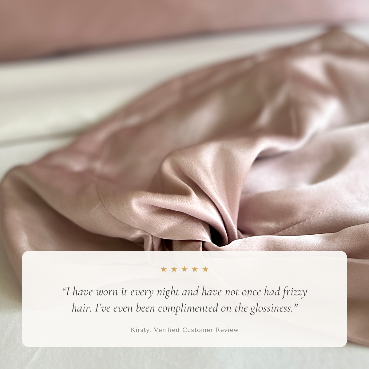 Blush pink silk hair bonnet with a verified 5-star review: hair no longer frizzy and complimented on the glossiness
