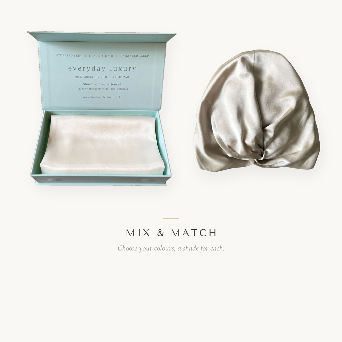 Mix and match silk pillowcase and silk hair bonnet bundle: pearl white pillowcase in gift box with champagne bonnet