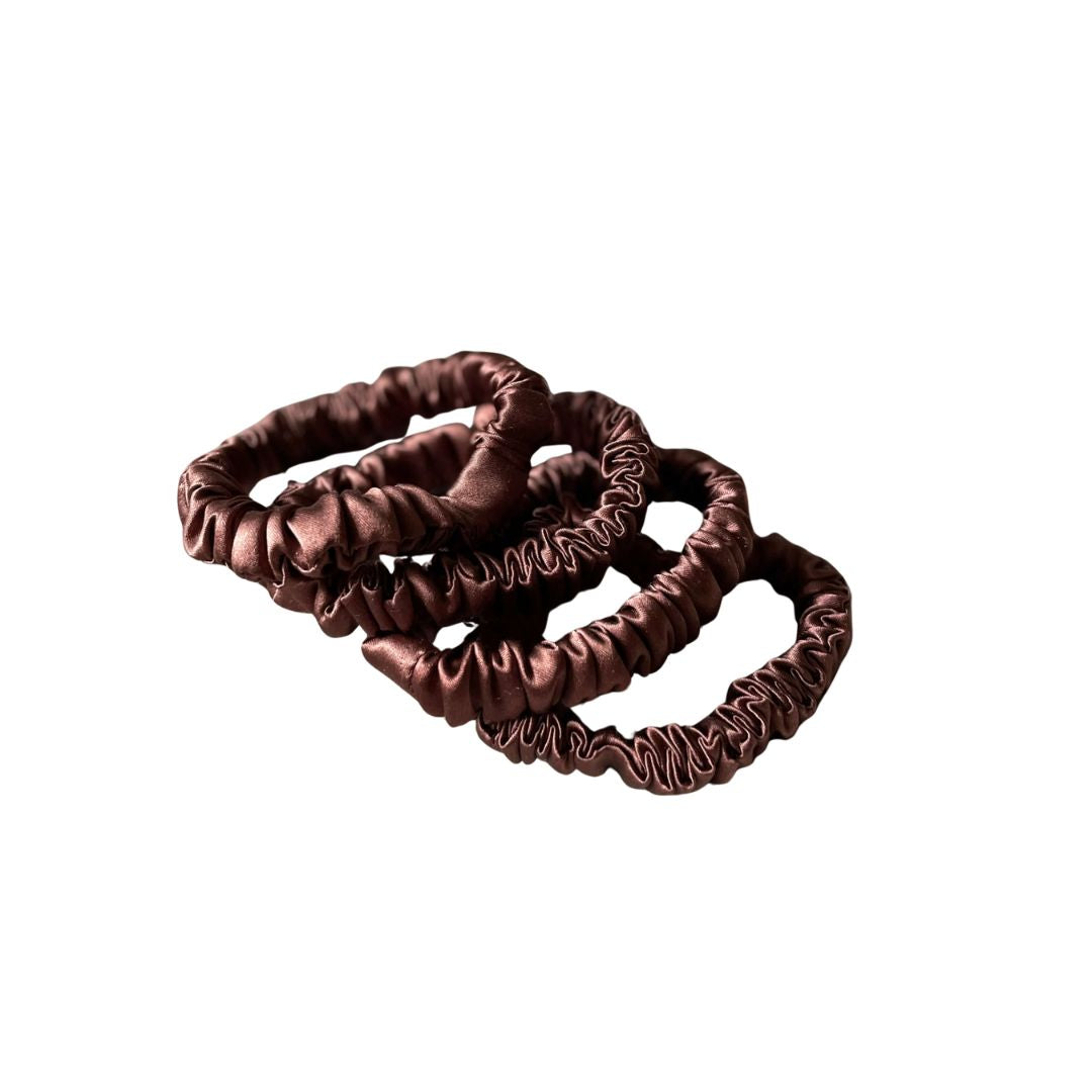 Chocolate brown silk hair ties, a set of skinny 100% mulberry silk scrunchies