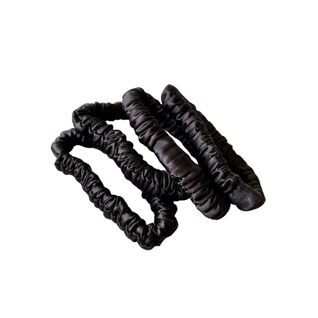 Eclipse black silk hair ties, a set of skinny 100% mulberry silk scrunchies