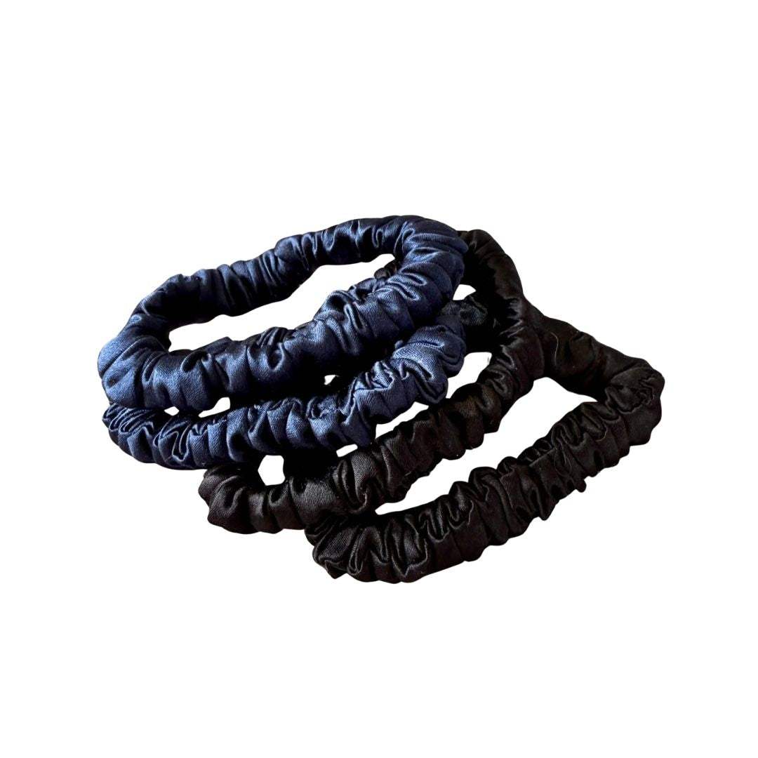 Midnight collection silk hair ties in French navy and eclipse black
