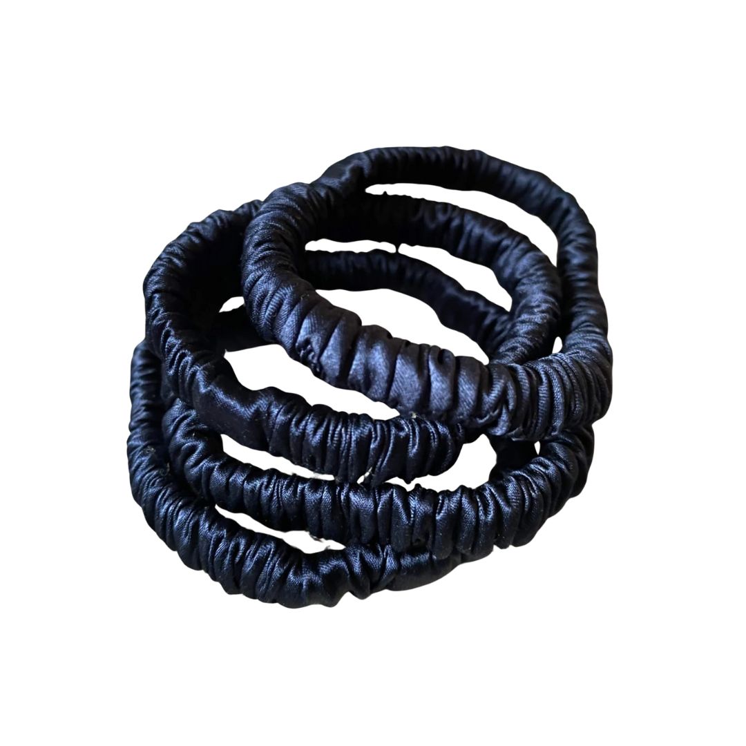 French navy silk hair ties, a set of skinny 100% mulberry silk scrunchies