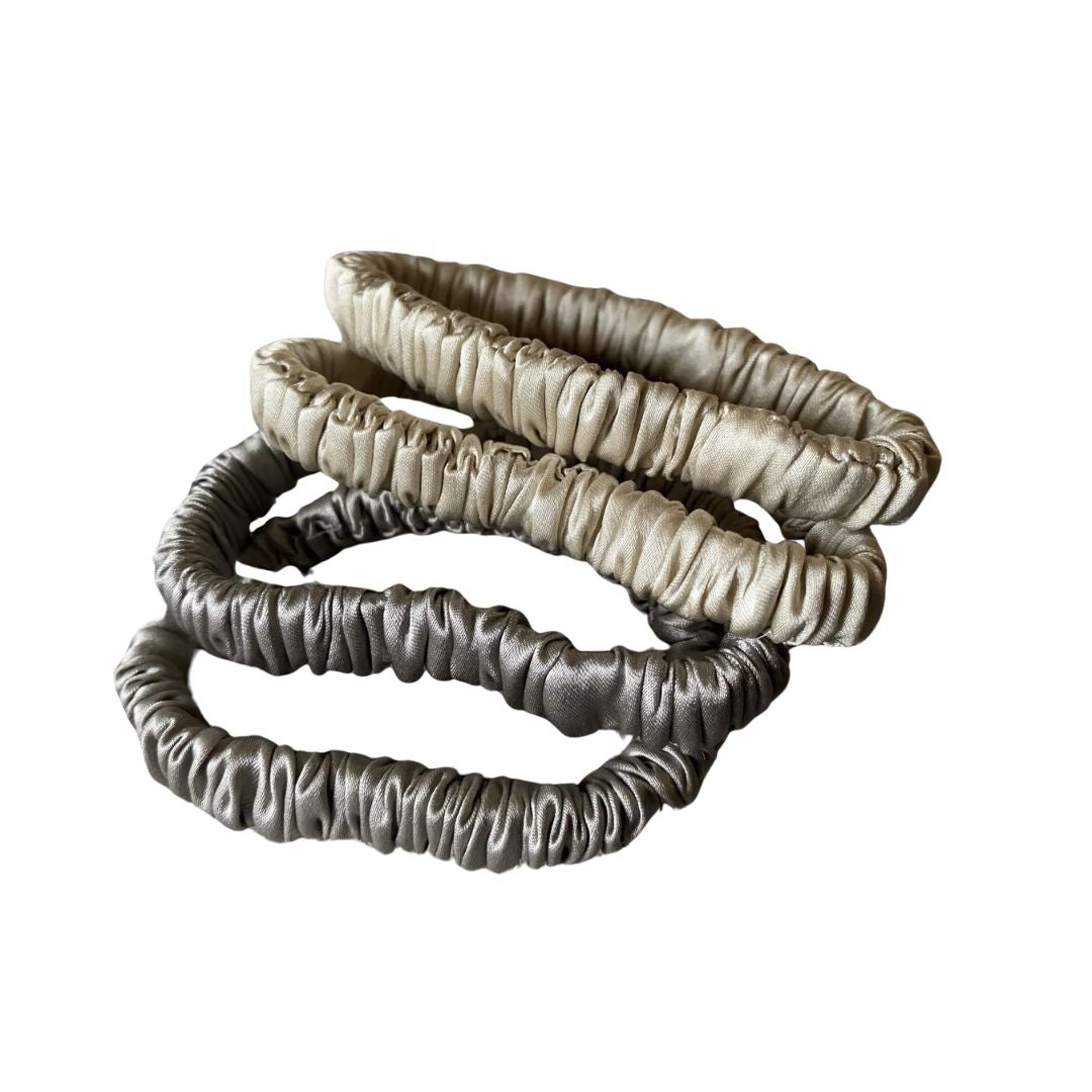 Neutrals silk hair ties in champagne, oyster and charcoal grey, skinny 100% mulberry silk scrunchies