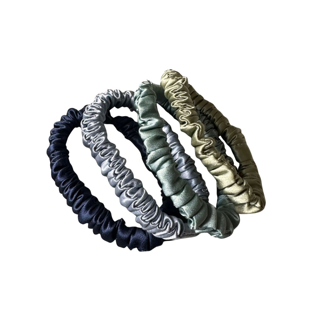 Ocean collection silk hair ties in French navy, steel blue, pistachio and champagne