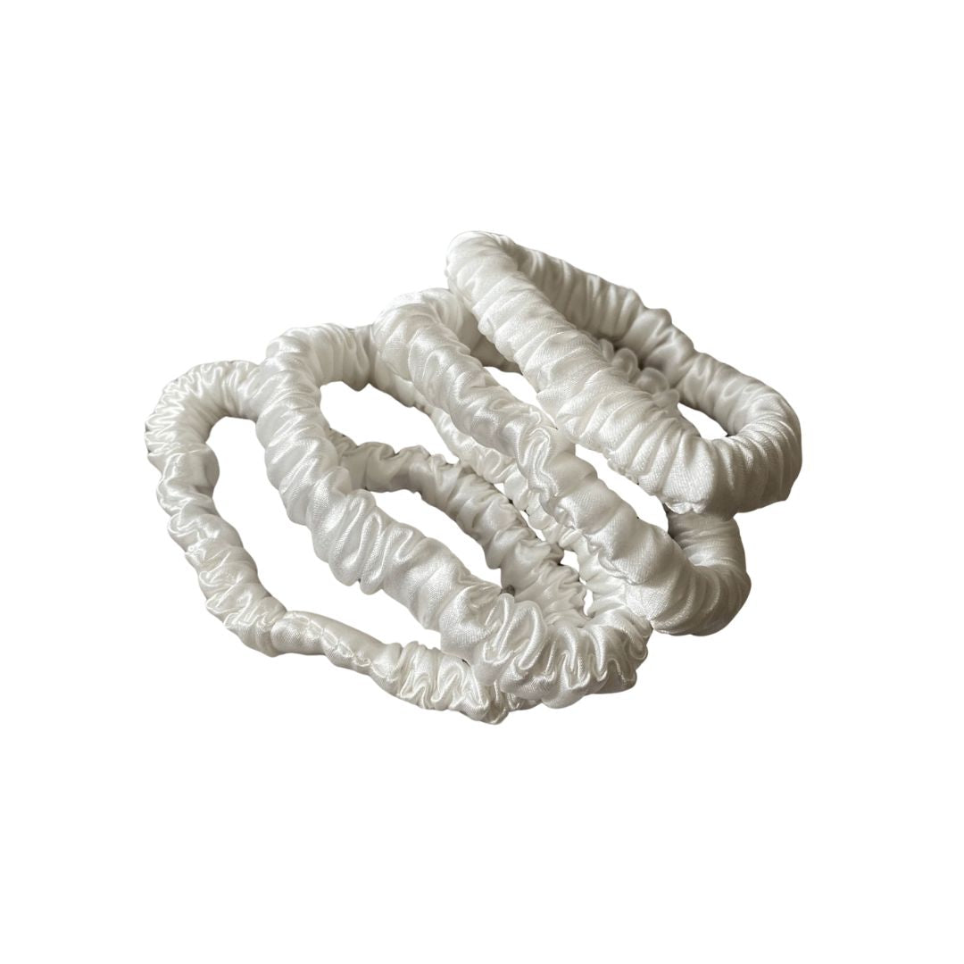 Pearl white silk hair ties, a set of skinny 100% mulberry silk scrunchies