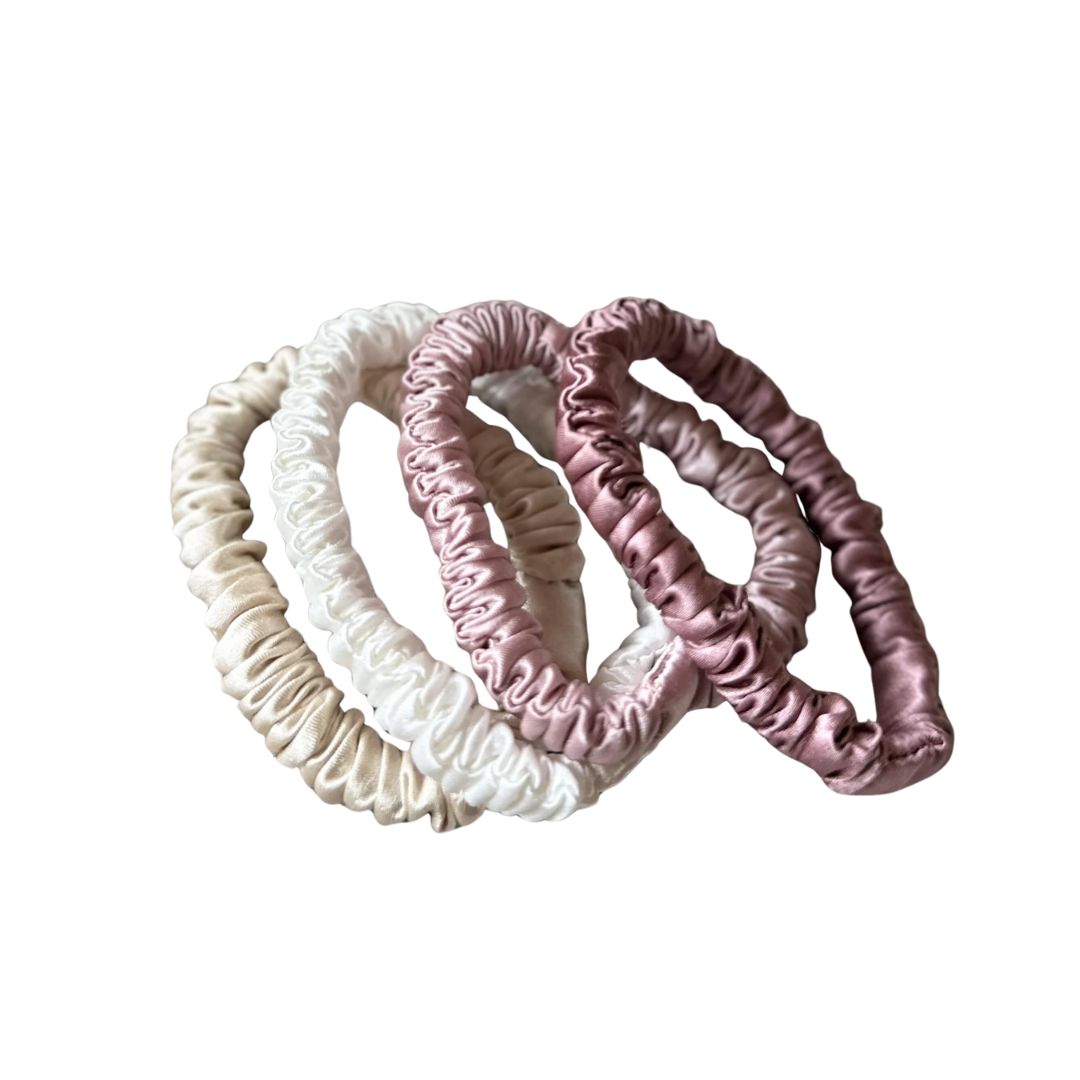 Pink collection silk hair ties in pearl white, blush pink and dusty rose, skinny 100% mulberry silk scrunchies