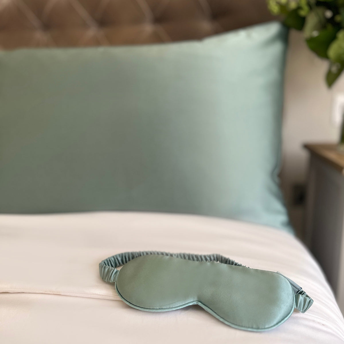 Silk pillowcase and silk eye mask duck egg blue