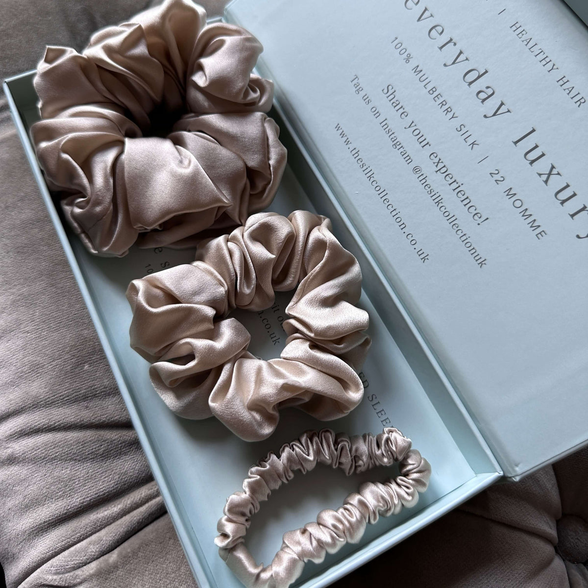 Champagne silk scrunchie starter set in its gift box: classic silk scrunchies and silk hair ties