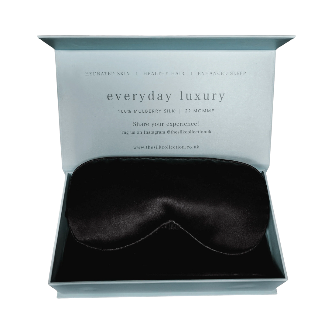 Eclipse black pure silk sleep set: 100% mulberry silk pillowcase and silk eye mask in a gift box
