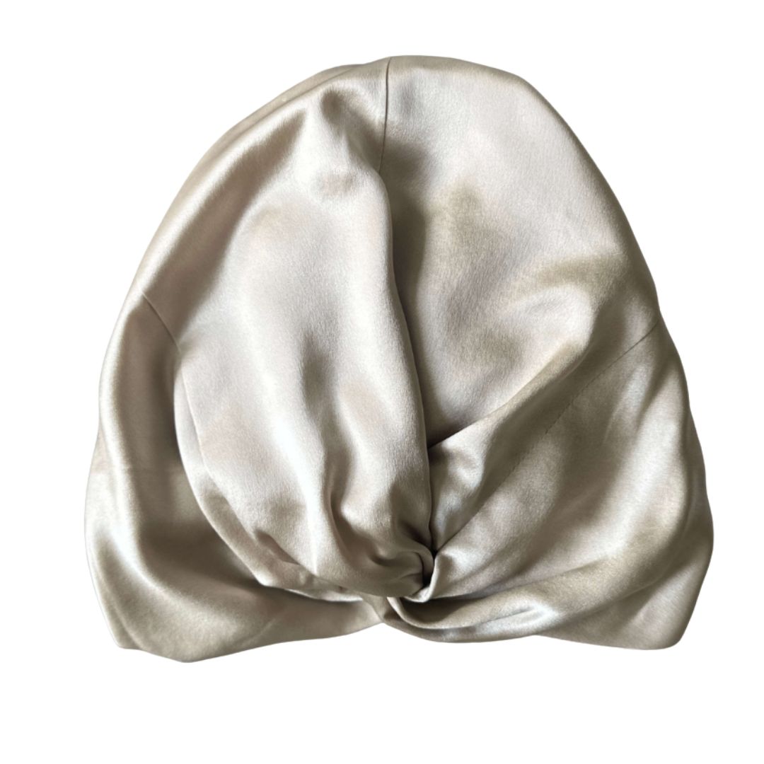 Champagne silk hair bonnet in 100% mulberry silk for protecting hair overnight