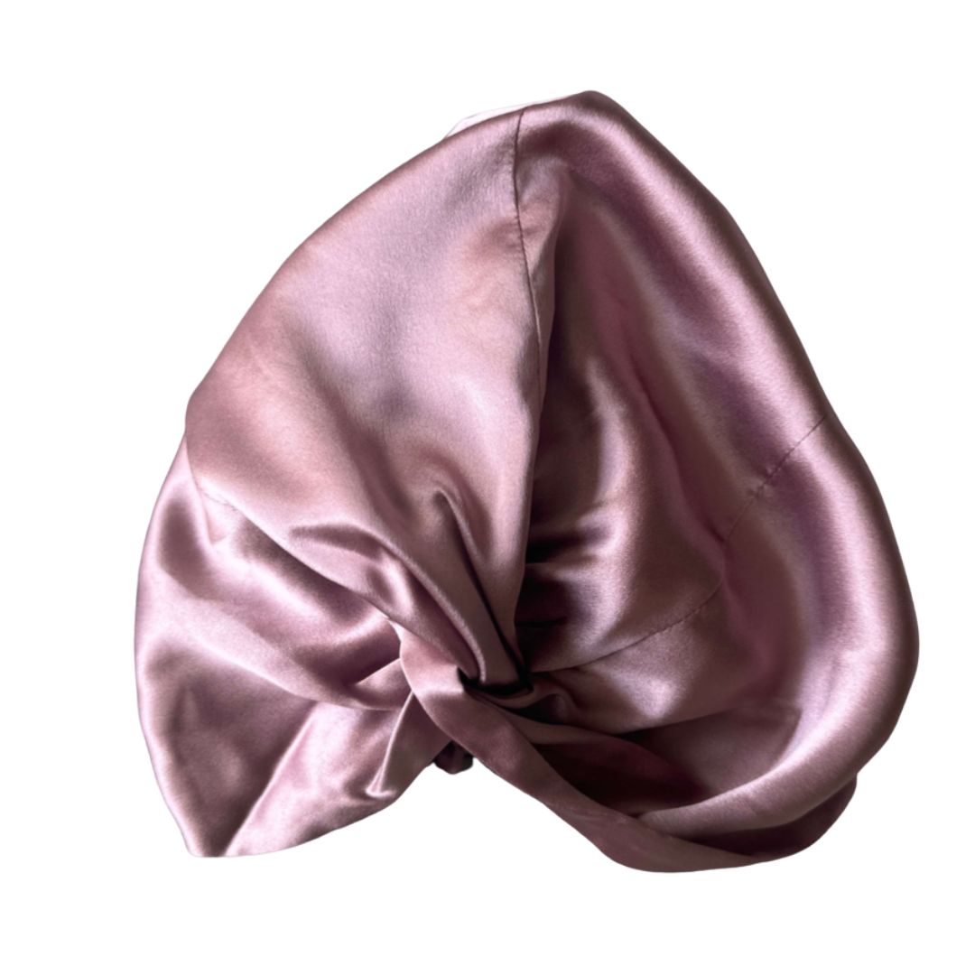 Dusty rose silk hair bonnet in 100% mulberry silk for protecting hair overnight
