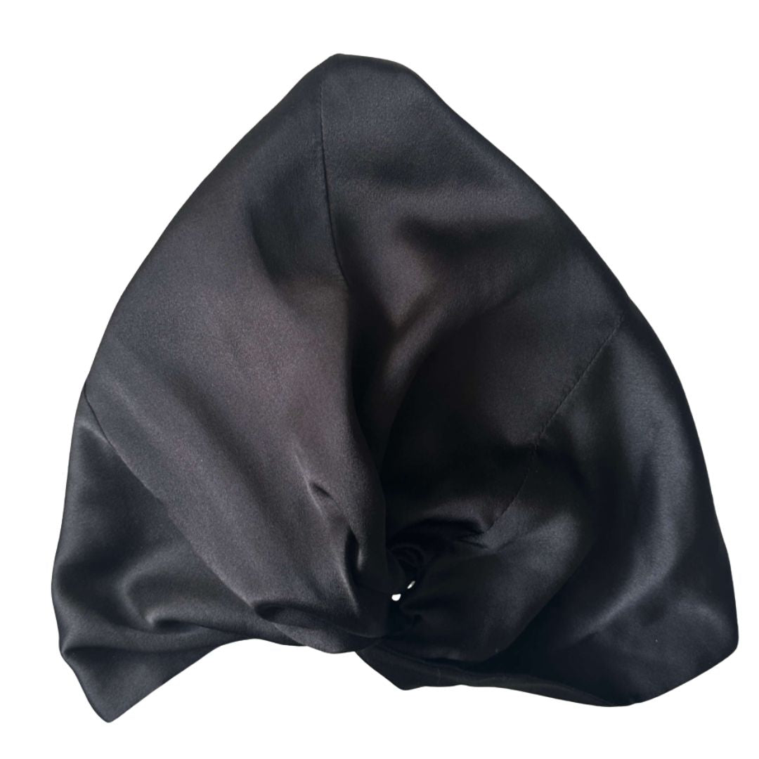 Eclipse black silk hair bonnet in 100% mulberry silk for protecting hair overnight