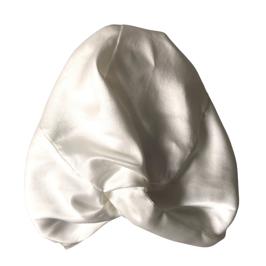 Pearl white silk hair bonnet in 100% mulberry silk for protecting hair overnight