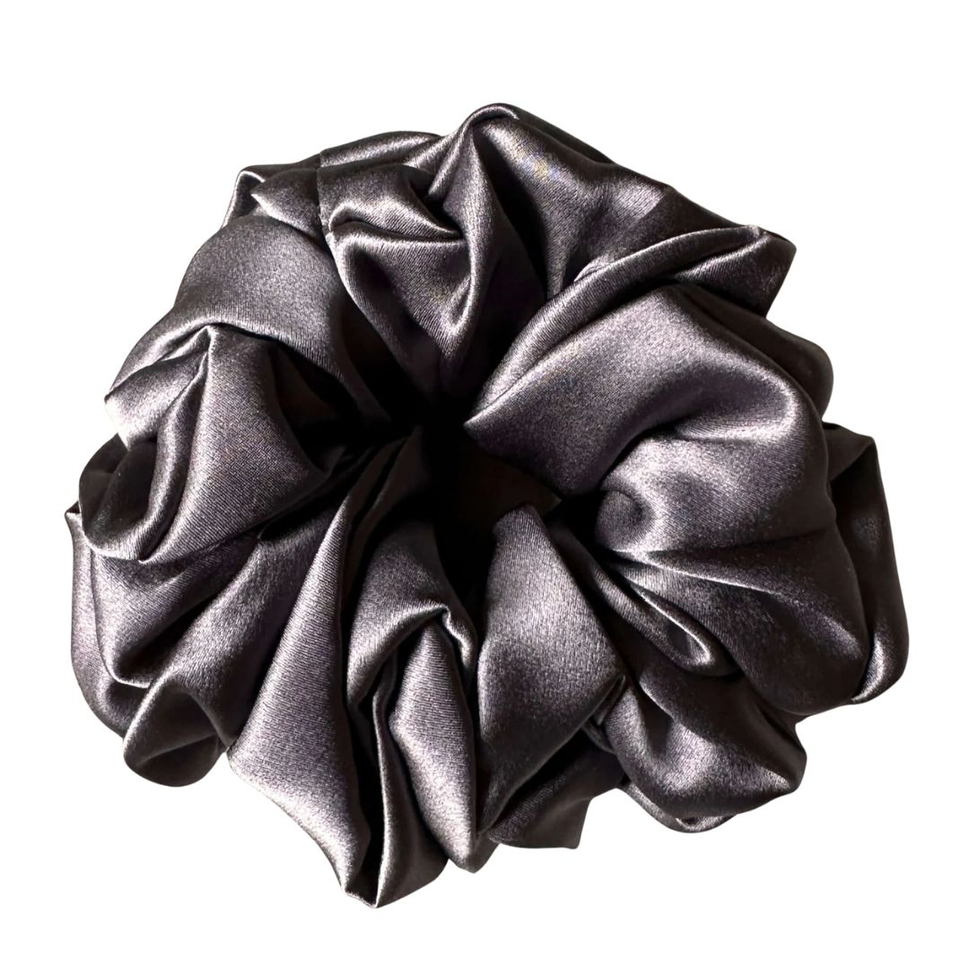 Charcoal grey statement silk scrunchie, an oversized 100% mulberry silk scrunchie