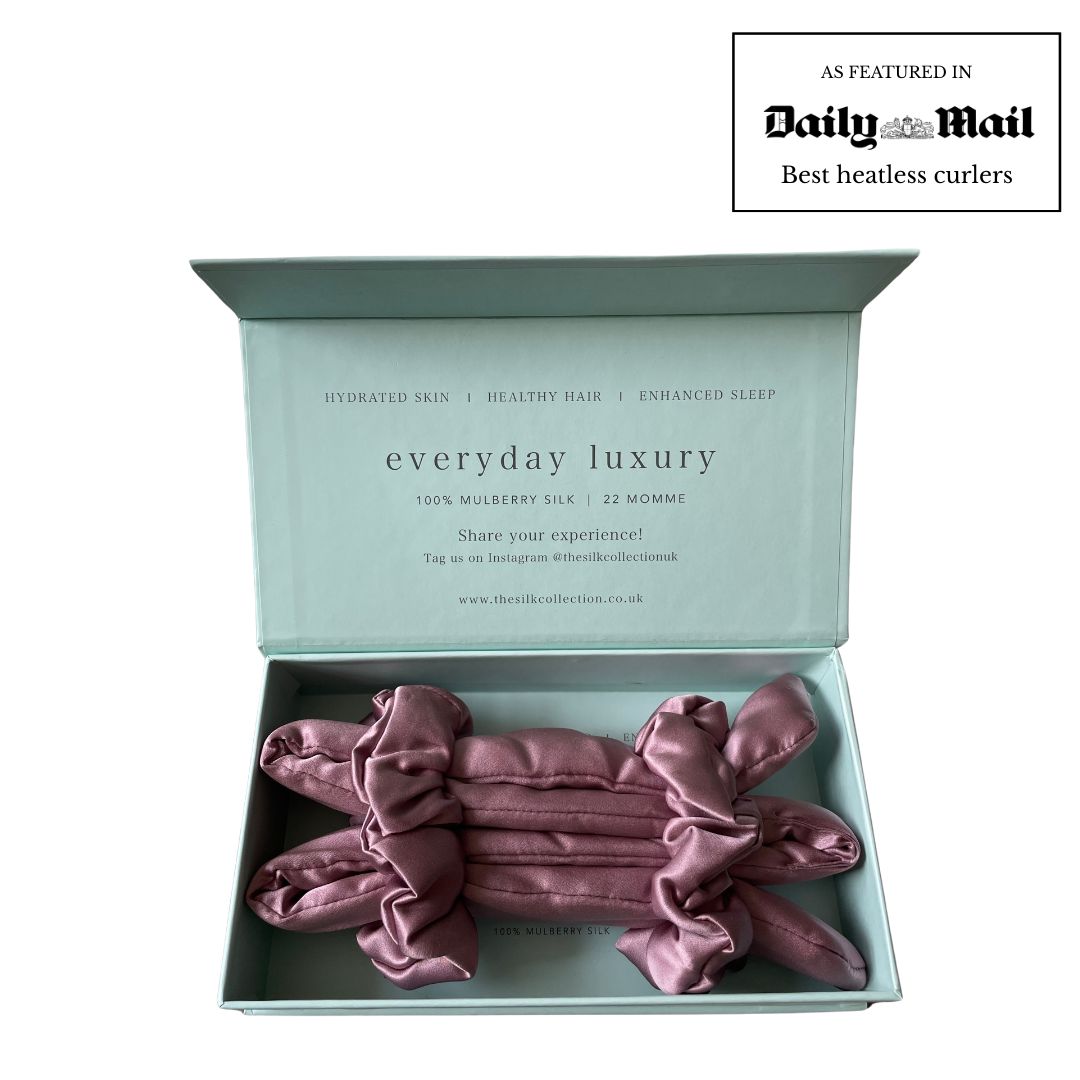Dusty rose silk heatless hair curler gift set in its gift box, featured in the Daily Mail best heatless curlers