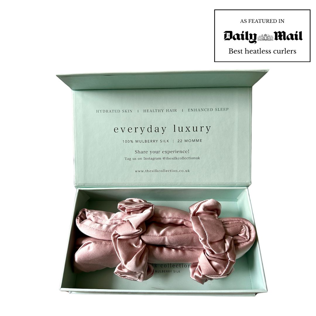 Blush pink silk heatless hair curler gift set in its gift box, featured in the Daily Mail best heatless curlers