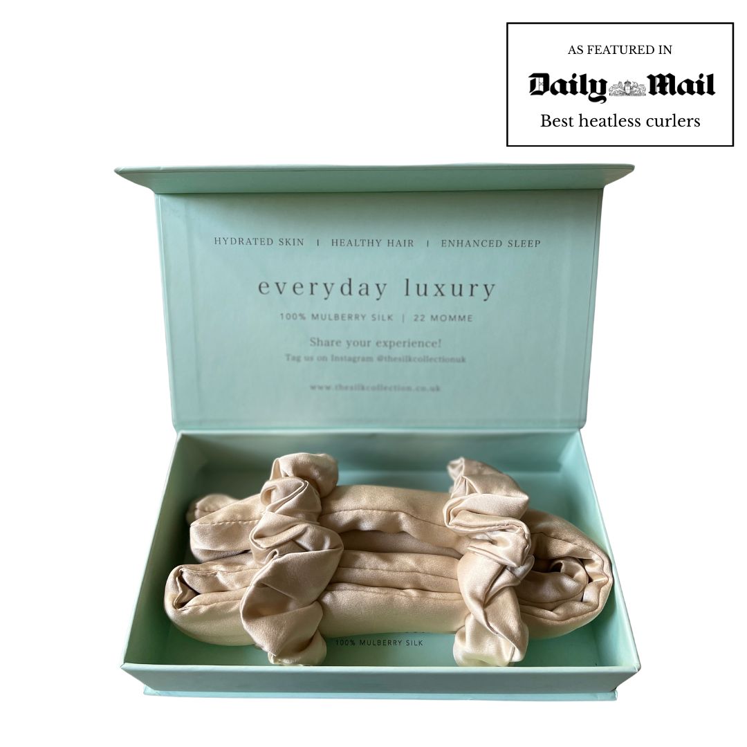 Silk heatless curler gift set in champagne in its gift box, featured in the Daily Mail best heatless curlers