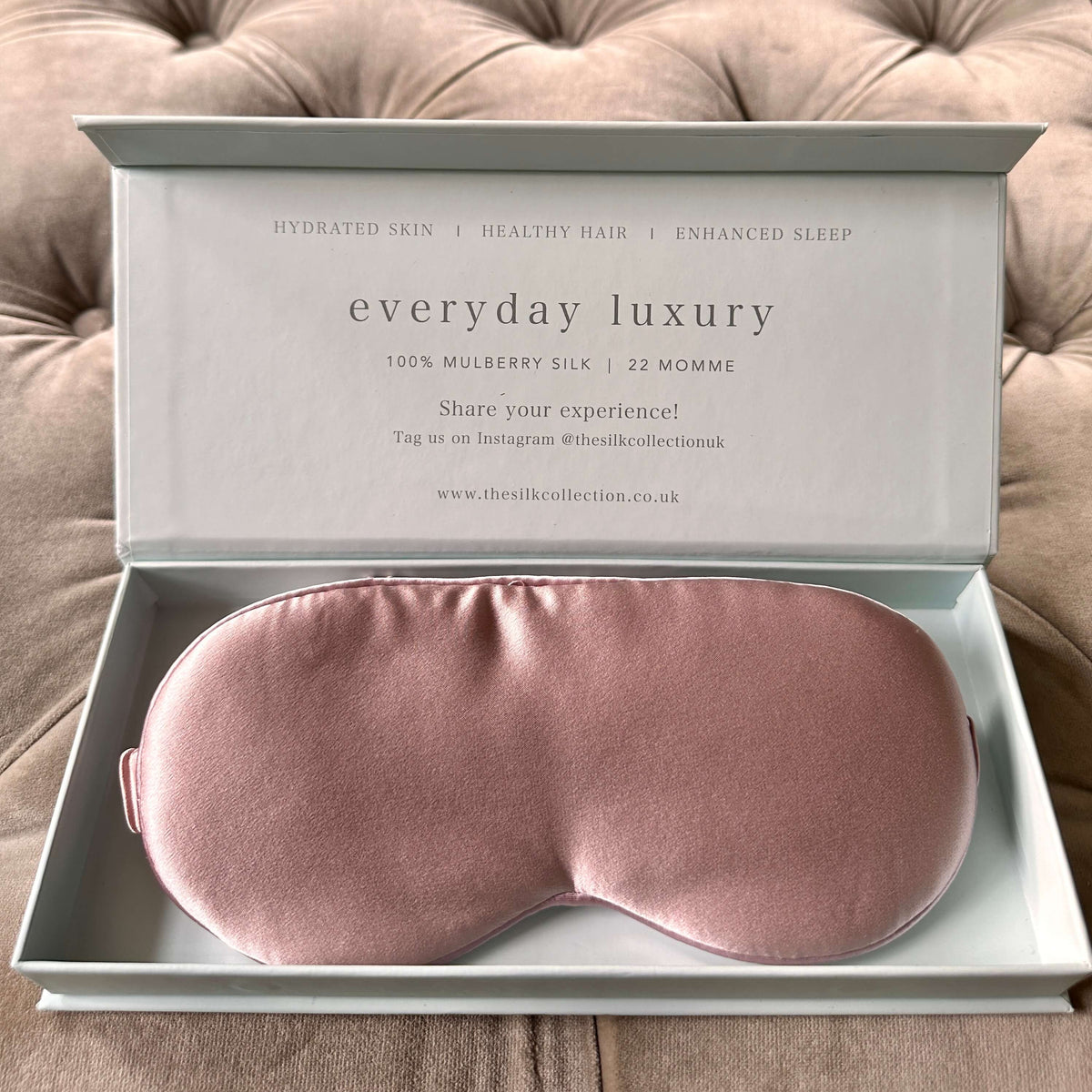 Blush pink 100% mulberry silk eye mask in its gift box