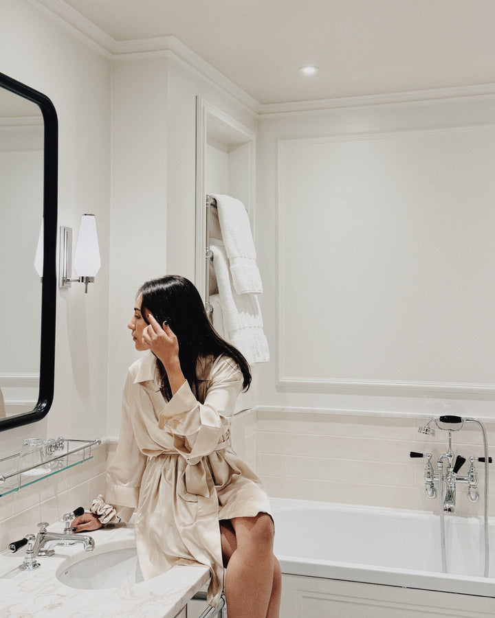 Champagne silk robe bathroom vanity