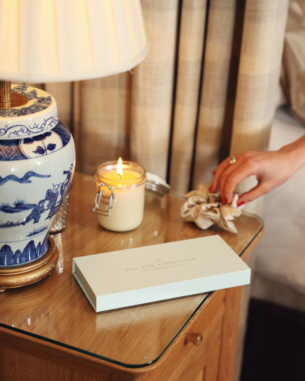 Champagne silk scrunchie bedside table candle gift box