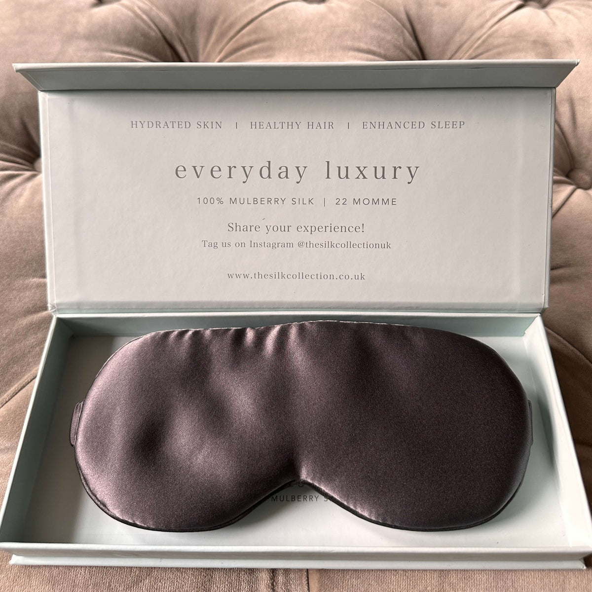 Charcoal grey 100% mulberry silk eye mask in its gift box