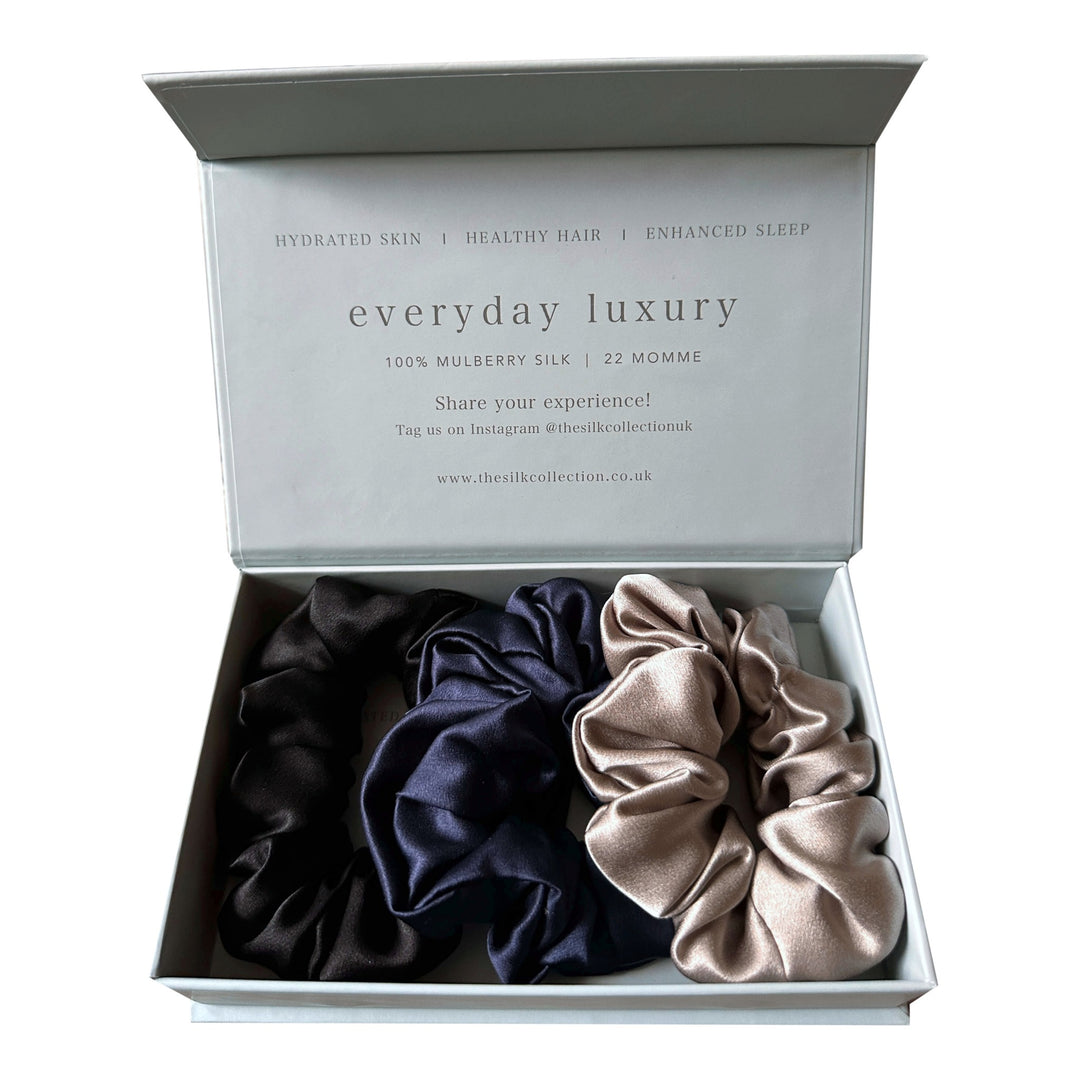 Classic silk scrunchies set of three in the Midnight Collection: black, French navy and oyster, in gift box