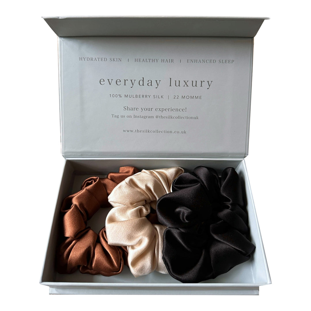 Classic silk scrunchies set of three in the Natural Collection: chocolate brown, champagne and black, in gift box