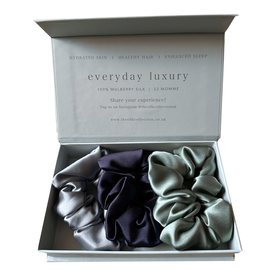 Classic silk scrunchies set of three in the Ocean Collection: steel blue, French navy and sage, in gift box