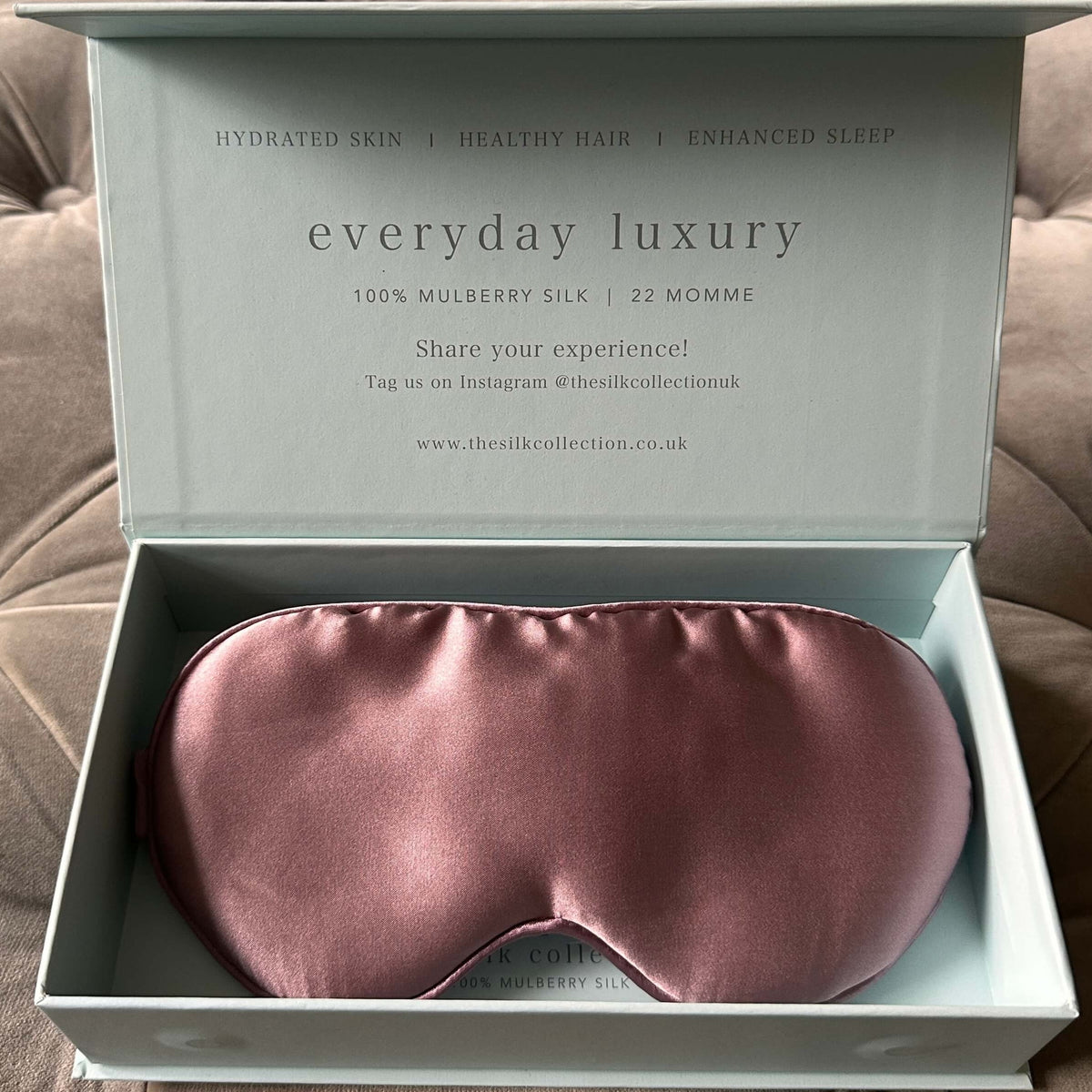 Dusty rose 100% mulberry silk eye mask in its gift box