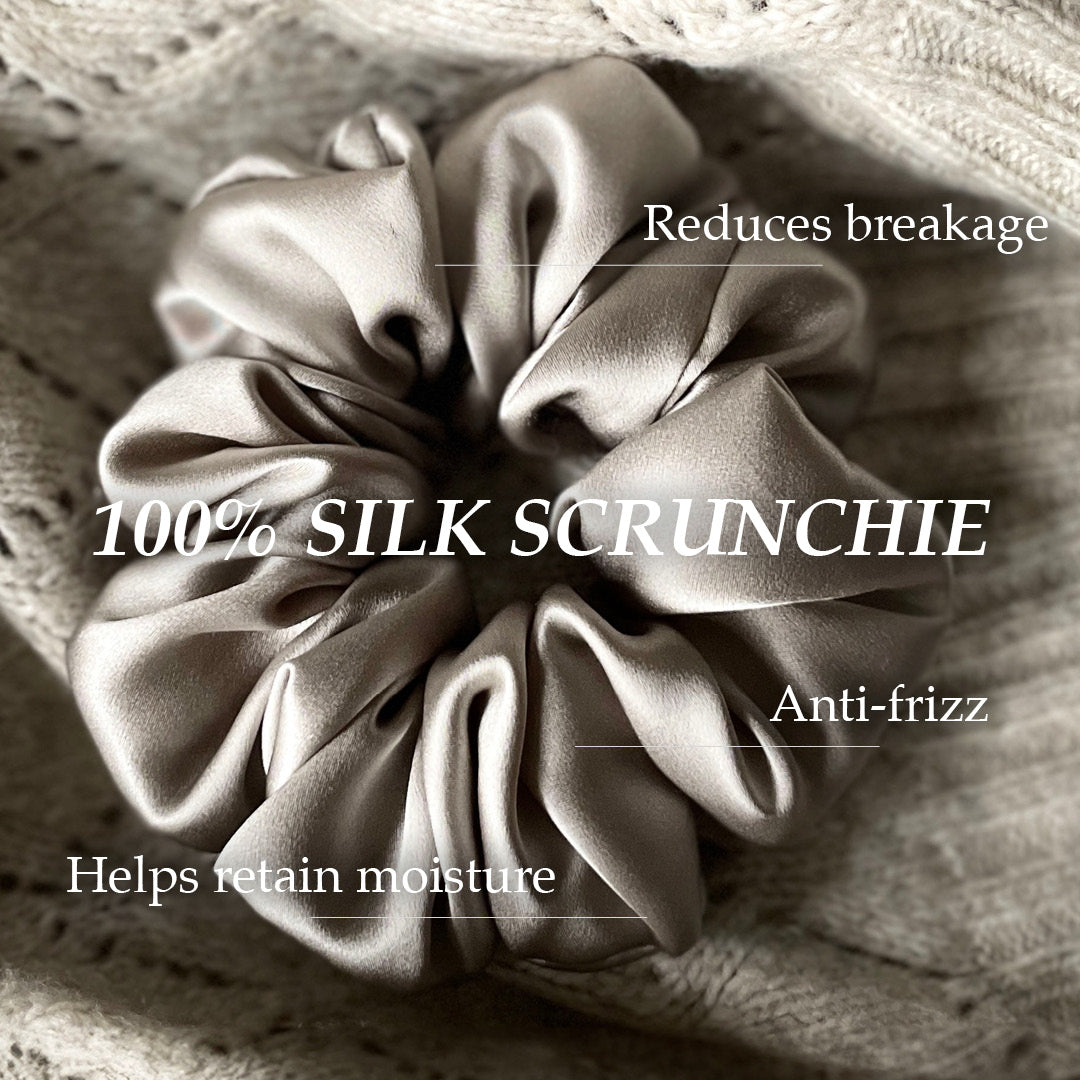 Champagne silk scrunchie with benefit callouts: 100% silk scrunchie, reduces breakage, anti-frizz, helps retain moisture