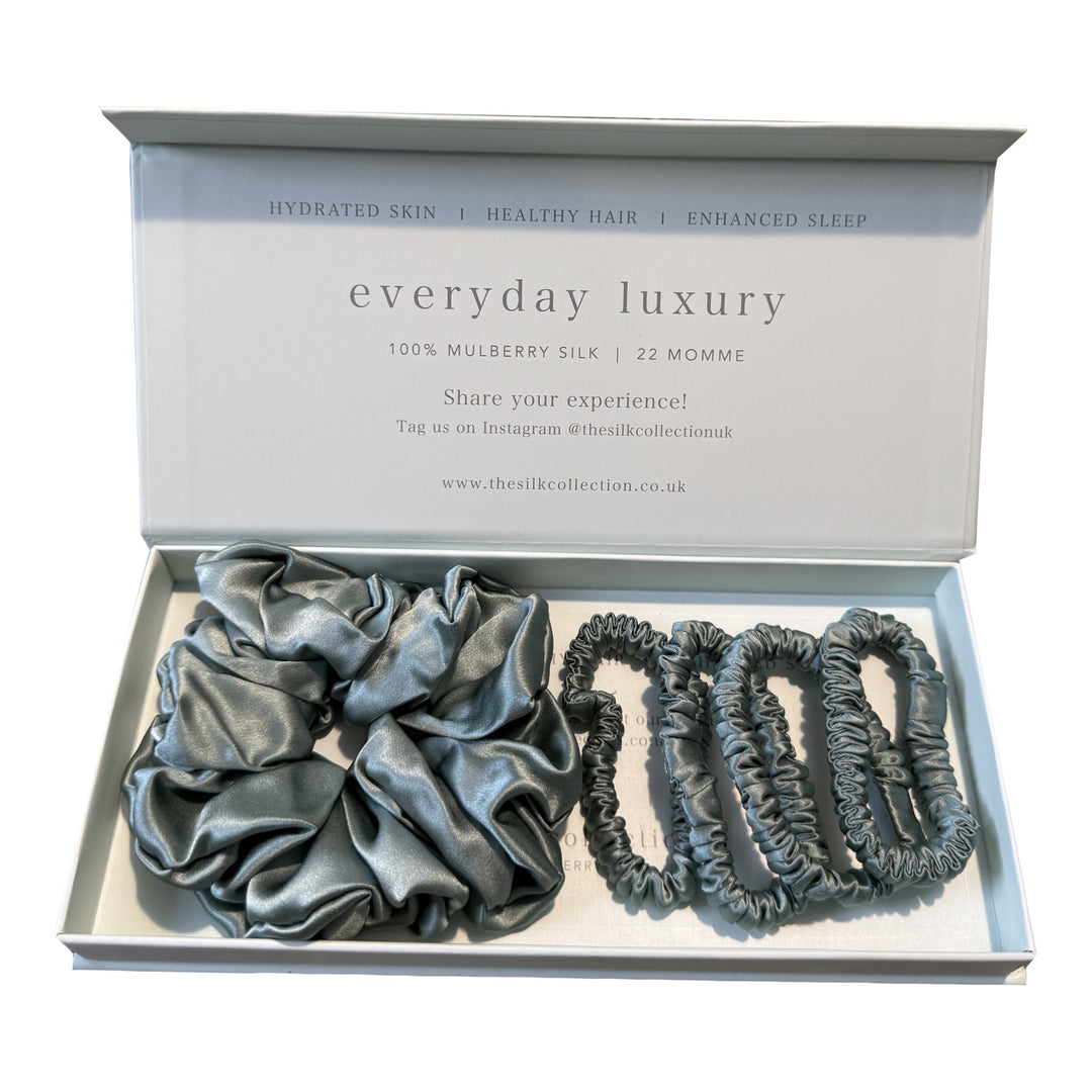Mixed silk scrunchie gift set in Duck Egg Blue: one large scrunchie and four silk hair ties in gift box | The Silk Collection