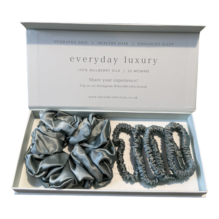 Mixed silk scrunchie gift set in Duck Egg Blue: one large scrunchie and four silk hair ties in gift box | The Silk Collection