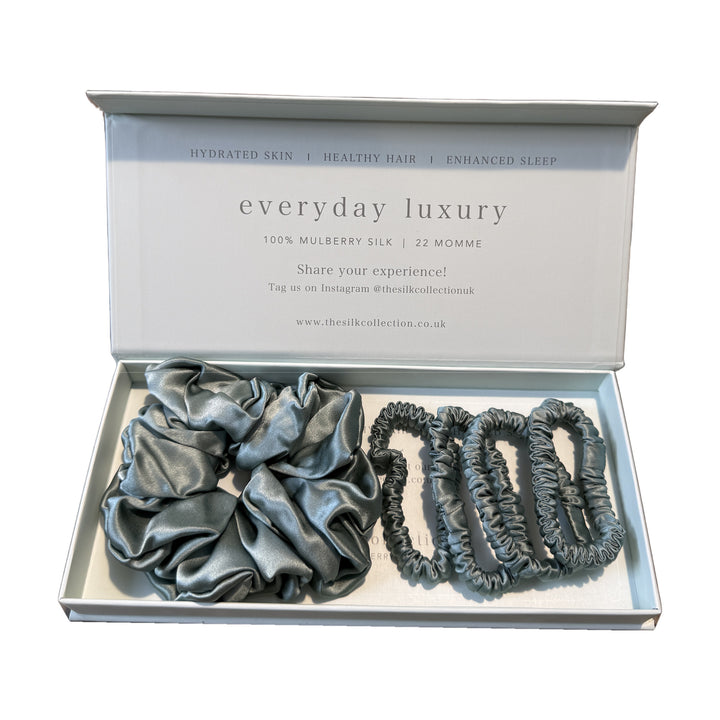 Mixed silk scrunchie gift set in Duck Egg Blue: one large scrunchie and four silk hair ties in gift box | The Silk Collection