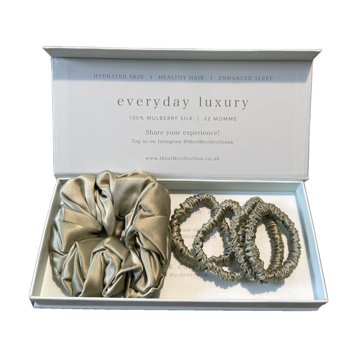 Mixed silk scrunchie gift set in Pistachio: one large scrunchie and four silk hair ties in gift box | The Silk Collection