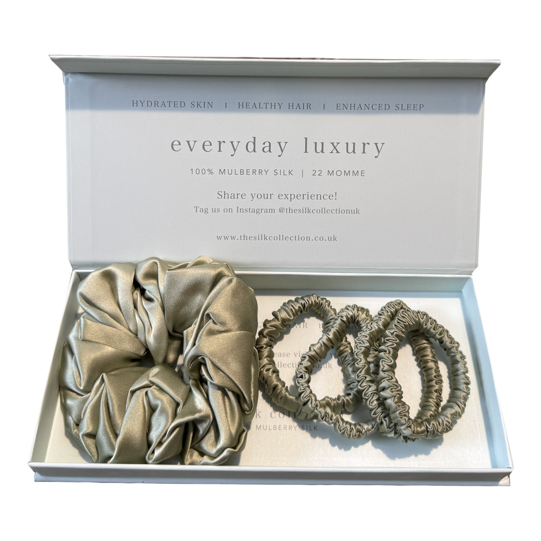 Mixed silk scrunchie gift set in Pistachio: one large scrunchie and four silk hair ties in gift box | The Silk Collection