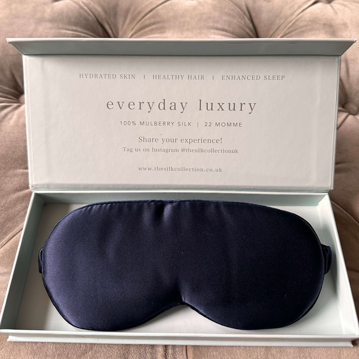 French navy 100% mulberry silk eye mask in its gift box
