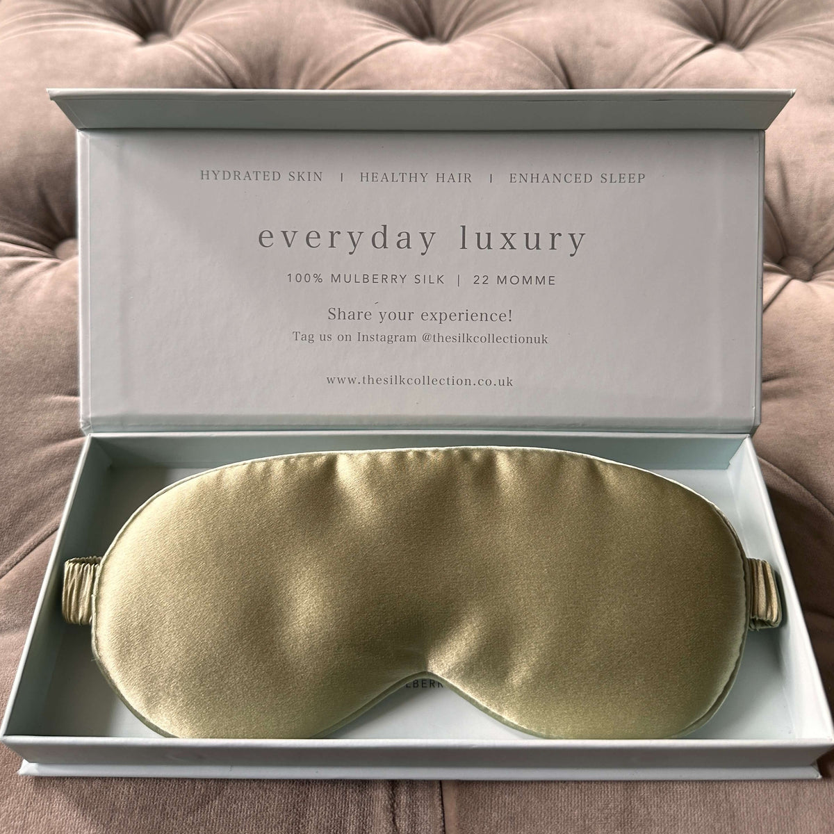 Gold-toned 100% mulberry silk eye mask in its gift box