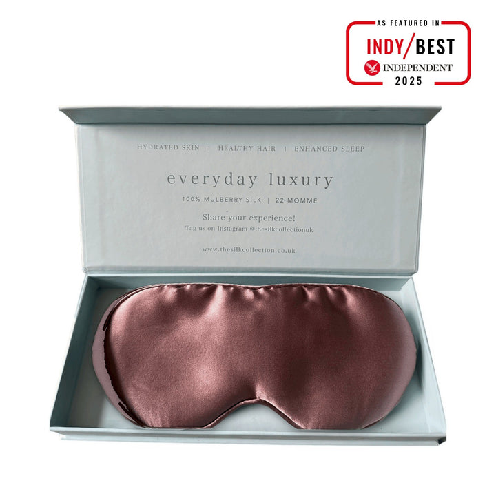 Dusty Rose pure mulberry silk eye mask in its gift box, 22 momme 100% silk | The Silk Collection