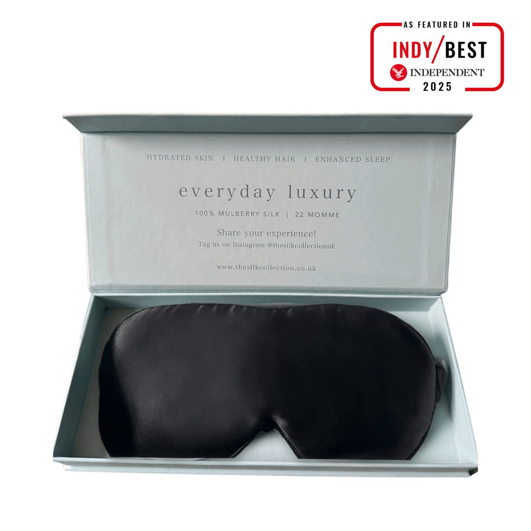 Eclipse Black pure mulberry silk eye mask in its gift box, 22 momme 100% silk | The Silk Collection