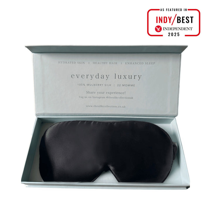Eclipse Black pure mulberry silk eye mask in its gift box, 22 momme 100% silk | The Silk Collection