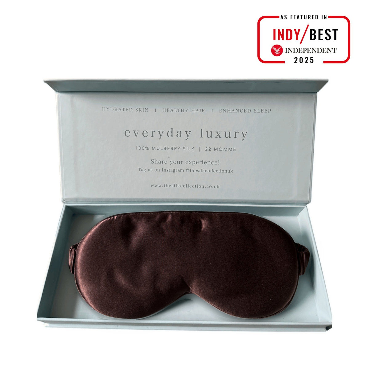 Espresso limited edition pure mulberry silk eye mask in its gift box | The Silk Collection