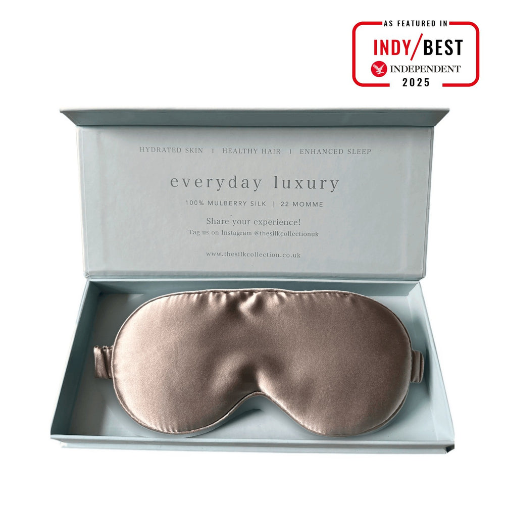 Oyster pure mulberry silk eye mask in its gift box, 22 momme 100% silk | The Silk Collection