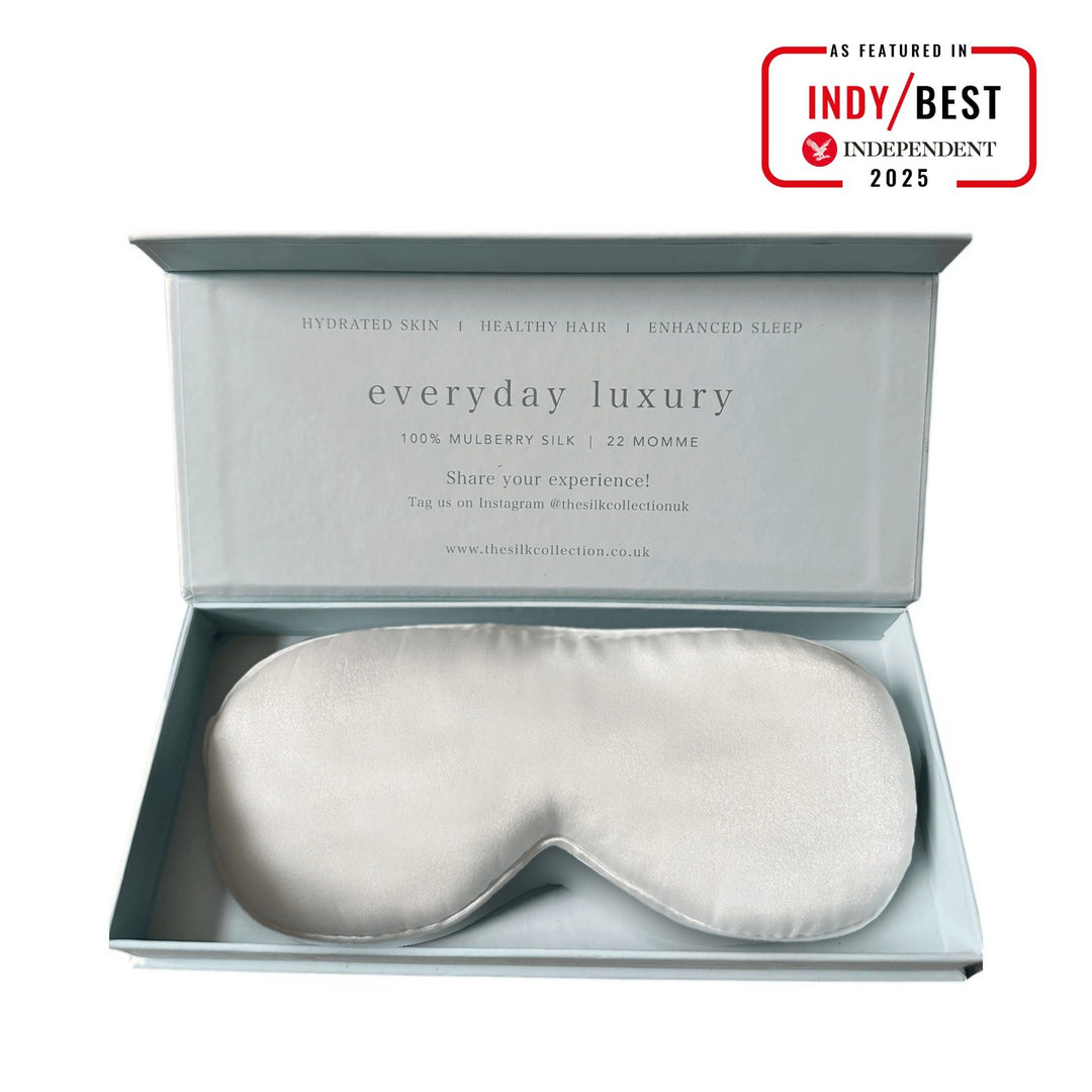 Pearl White pure mulberry silk eye mask in its gift box, 22 momme 100% silk | The Silk Collection