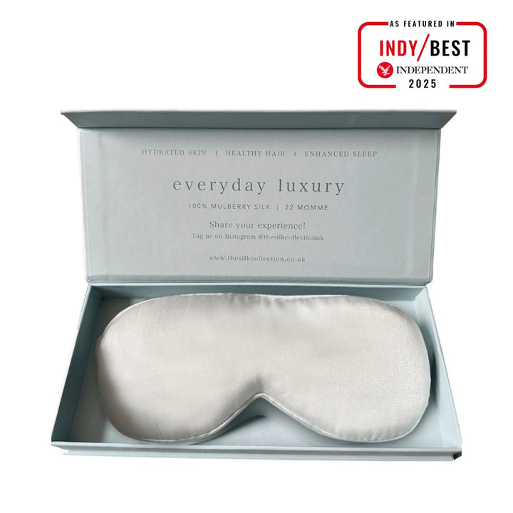 Pearl White pure mulberry silk eye mask in its gift box, 22 momme 100% silk | The Silk Collection